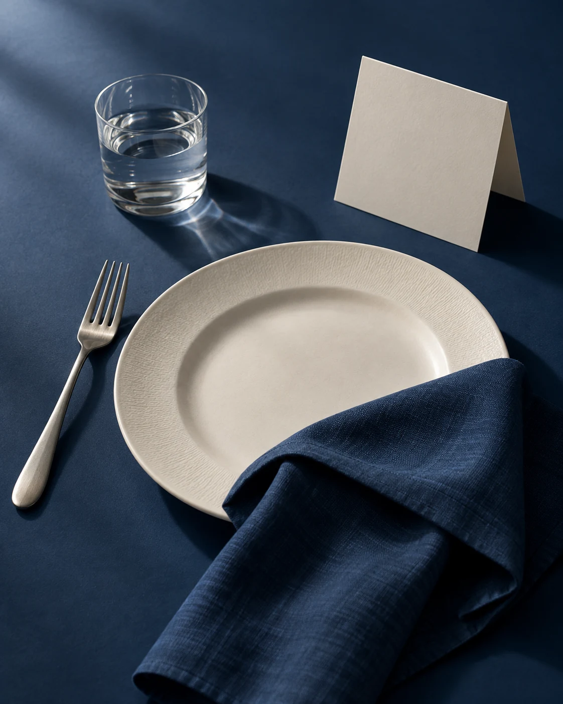 Mesa en azul tinta con un plato de cerámica marfil, una servilleta de lino y una carta